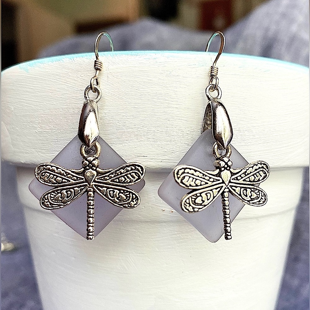 Dragonfly and Sea Glass Earrings in purple and silver